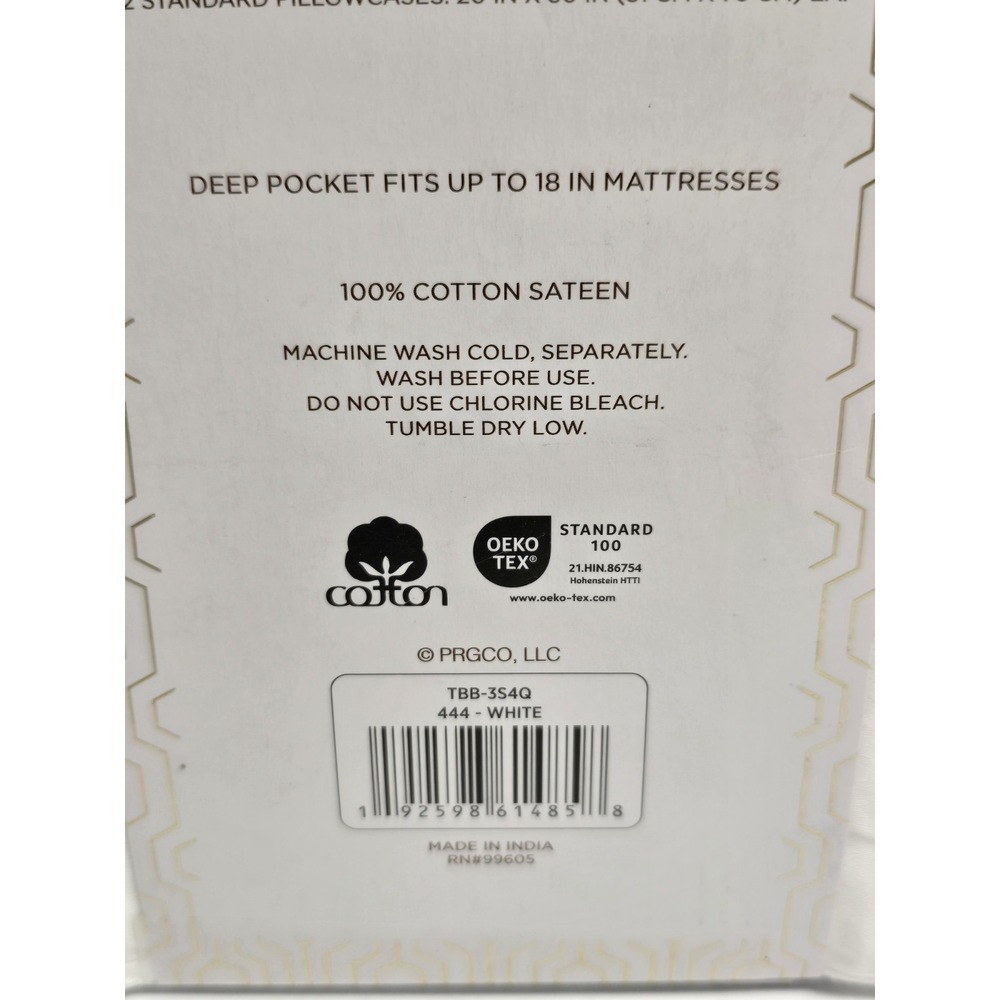 PAPYRUS   300 Thread Count 100%  Cotton Sateen Queen 4 Piece White Sheet Set - Picture 5 of 6